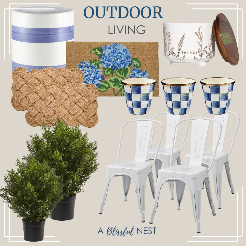 Simple updates can completely transform your patio or porch. Shop these summer picks.

Artificial cedar bush, blue and white ceramic garden stool, stackable metal chairs, hydrangea flatweave doormat, blue and white small plant pots, citronella outdoor candles, jute rope woven doormat.  

 #LTKHome