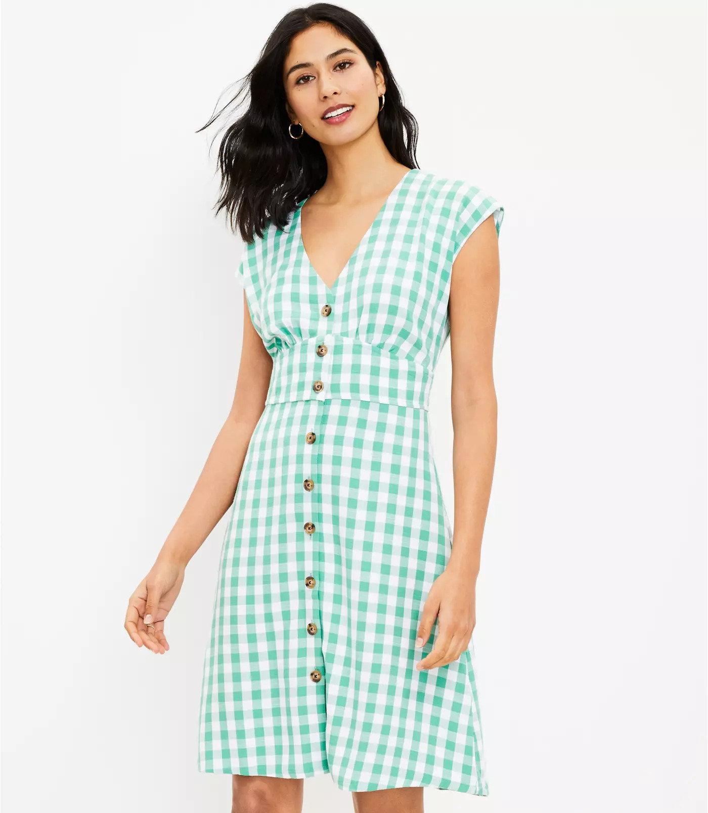 Gingham Button Flare Dress | LOFT