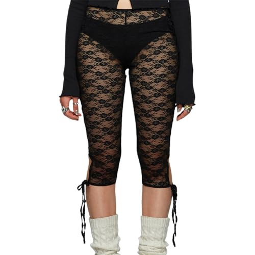 Women Y2k Lace Capri Pants Sheer Floral Lace Capris Leggings Tights Sexy Mesh See Through Cropped Pants (Black, L) | Amazon (US)
