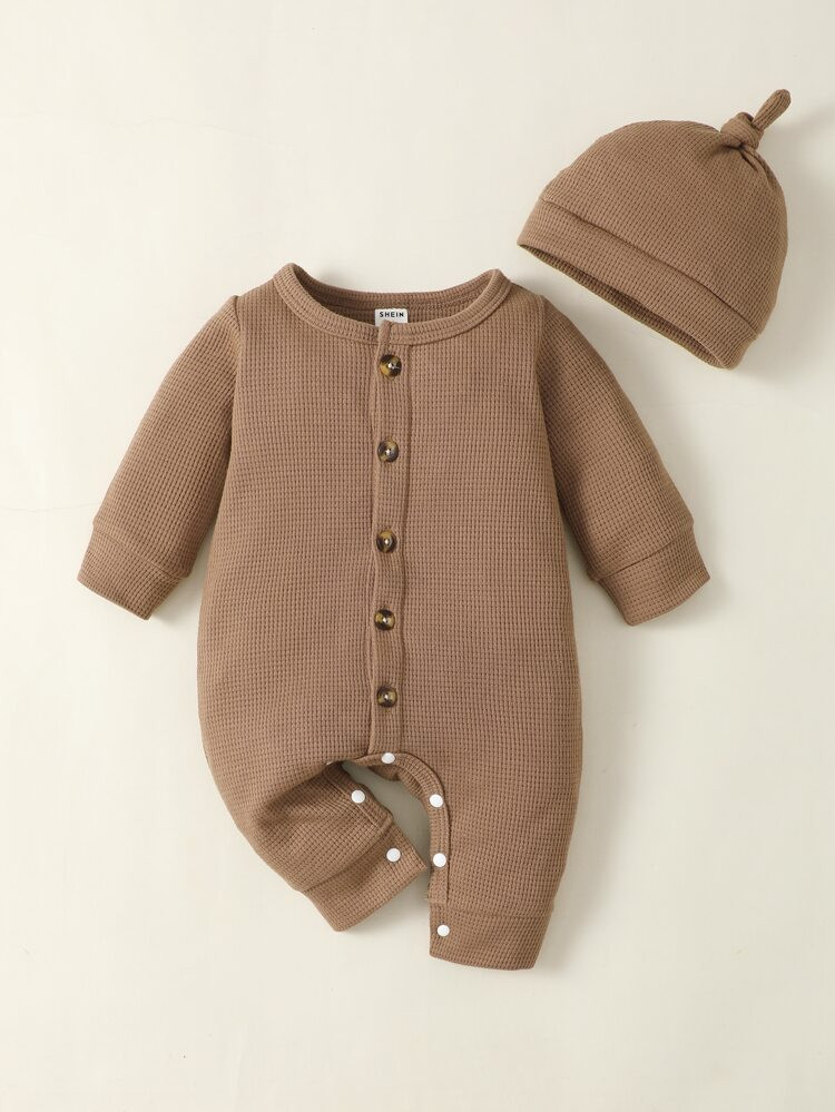 Newborn Baby Waffle Knit Jumpsuit & Hat | SHEIN