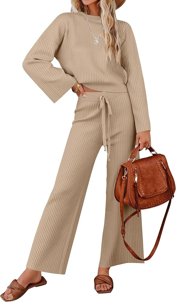 ZESICA Women's 2 Piece Outfits Set 2024 Casual Long Sleeve Knit Pullover Top and Wide Leg Pants S... | Amazon (US)