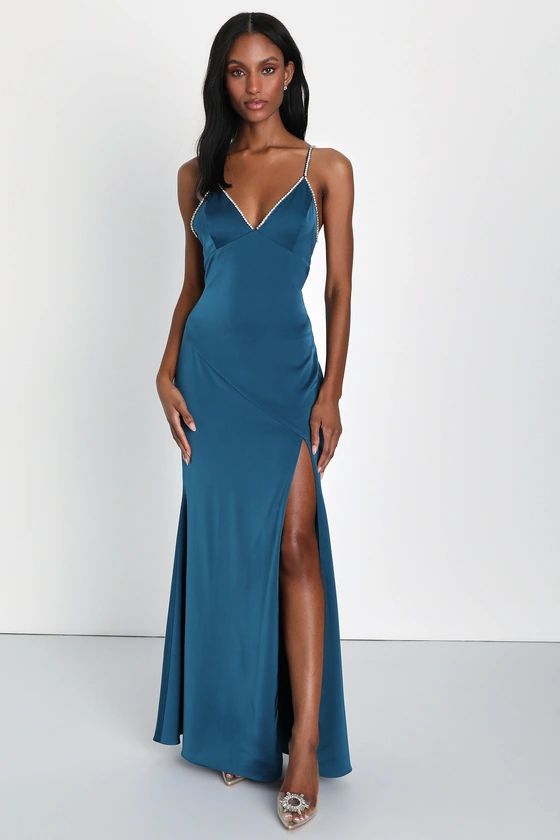 Dreamy Luxury Teal Blue Satin Rhinestone Backless Maxi Dress | Lulus (US)