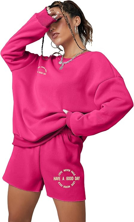 GORGLITTER Women's 2 Piece Sweatsuits Graphic Letter Crewneck Sweatshirt Pullover and Shorts Trac... | Amazon (US)