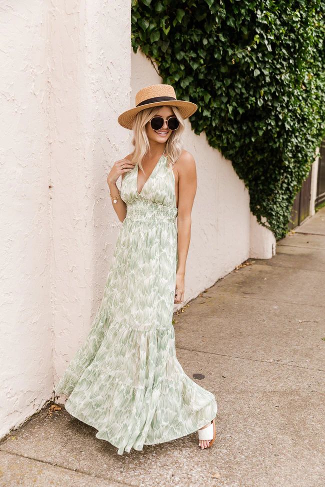 Too Soon Green Leaf Print Halter Maxi Dress | The Pink Lily Boutique