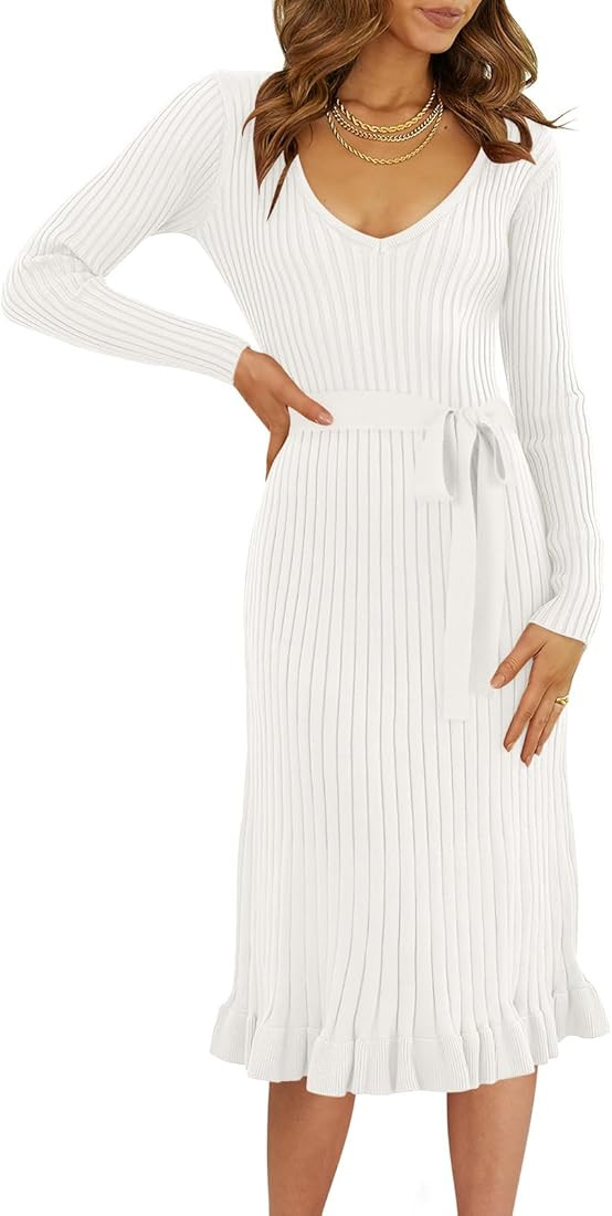 ANRABESS Women's 2023 Sweater Dress Long Sleeve V Neck Pleated Slim Ribbed Knit Midi Dresses with... | Amazon (US)