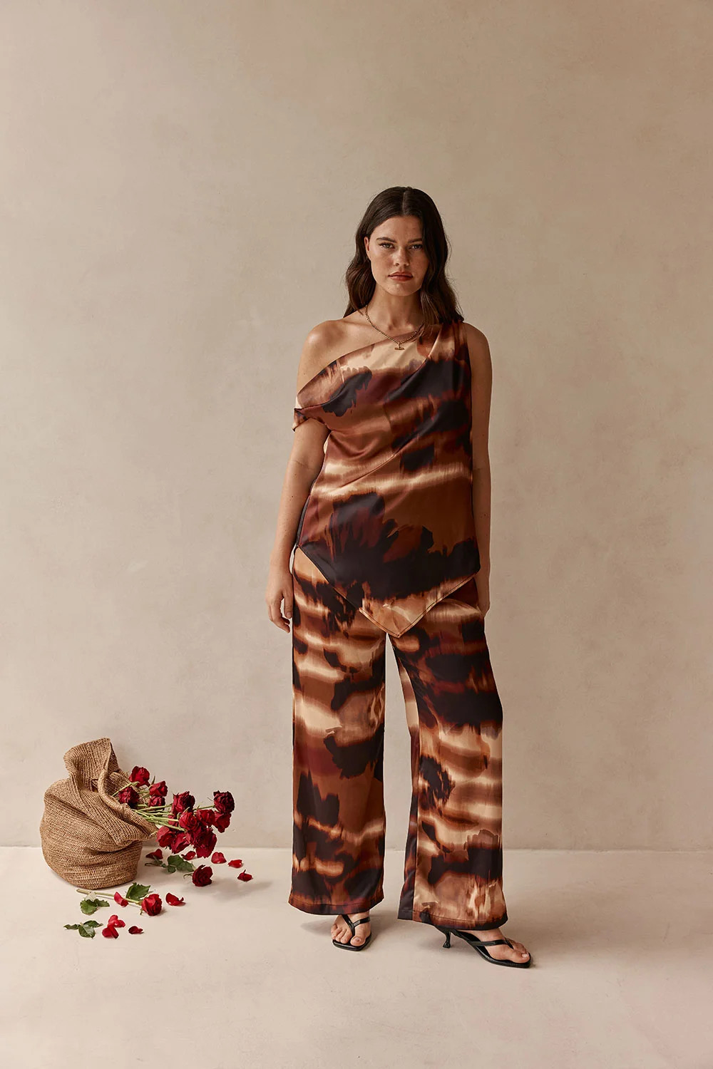 Brown Mirage Bloom Print Satin Saela Top | Sabo Skirt US
