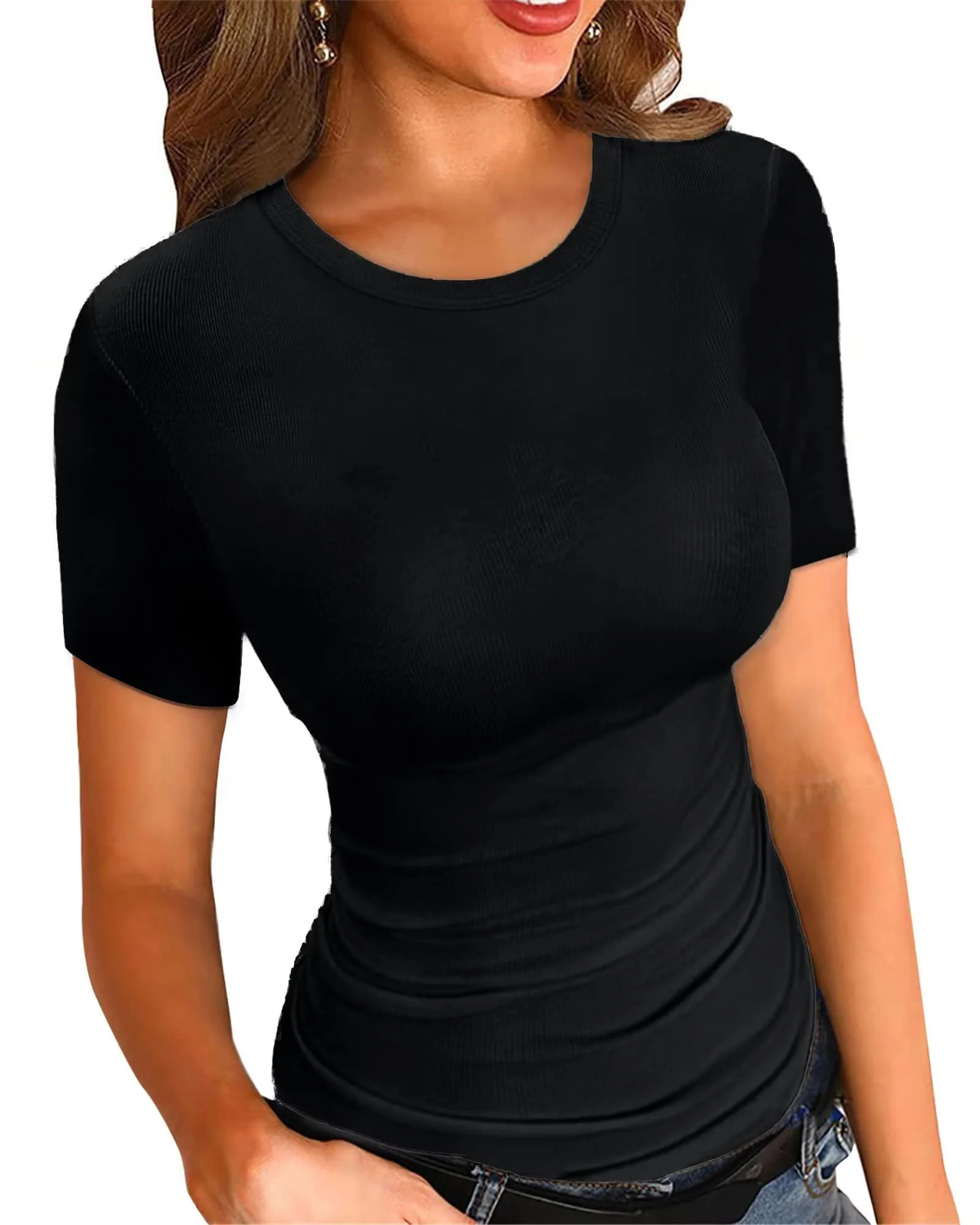 Vafful Womens Summer Tops T Shirt Short Sleeve Shirts Crew Neck Ribbed Casual Slim Fitted Tee Top... | Walmart (US)