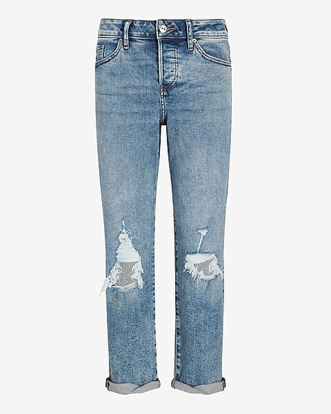 Mid Rise Medium Wash Ripped Boyfriend Jeans | Express