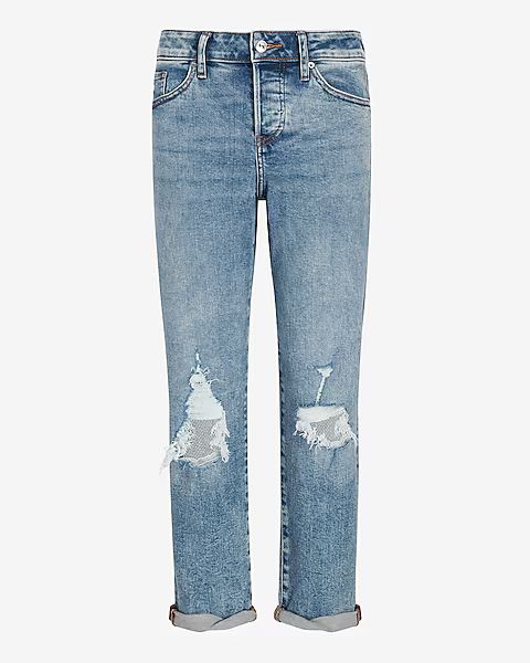 Mid Rise Medium Wash Ripped Boyfriend Jeans | Express