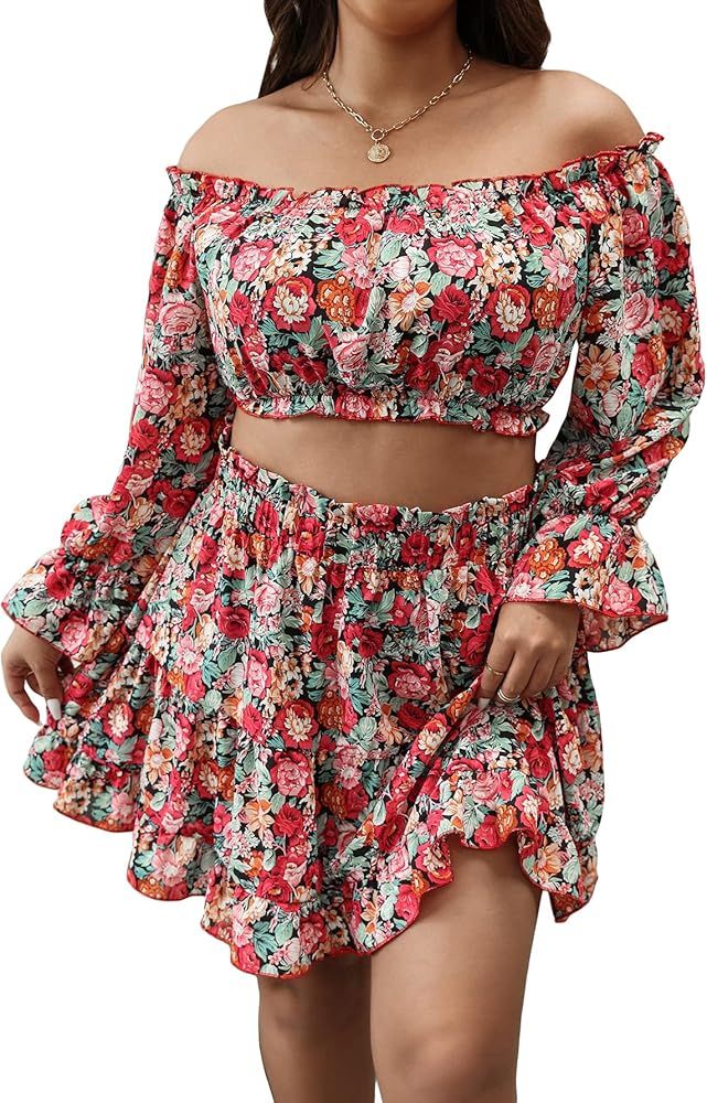 SOLY HUX Women's 2 Piece Outfits Plus Size Floral Print Off Shoulder Crop Top and Ruffle Hem Skir... | Amazon (US)