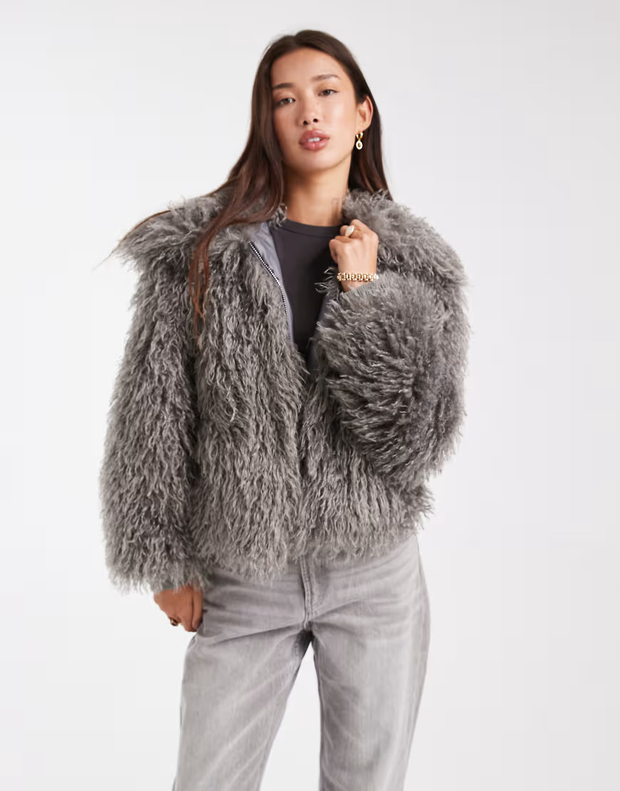Daisy Street faux fur cacoon coat with rib cuff detail in charcoal grey | ASOS (Global)