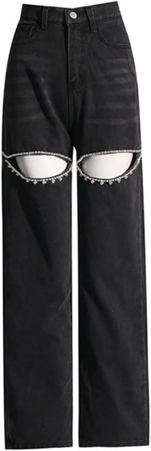Cut Out Jeans for Women Straight Leg High Waisted Ripped Rhinestone Pearl Beaded Denim Pants | Amazon (US)
