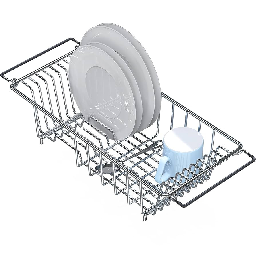 Simple Houseware Over Sink Counter Top Stainless Steel Dish Drainer Drying Rack, Chrome | Amazon (US)