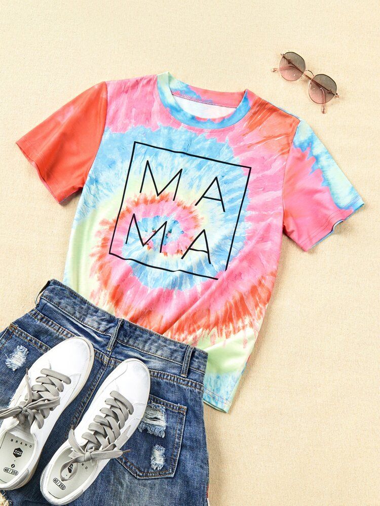 Letter & Tie Dye Print T-Shirt | SHEIN