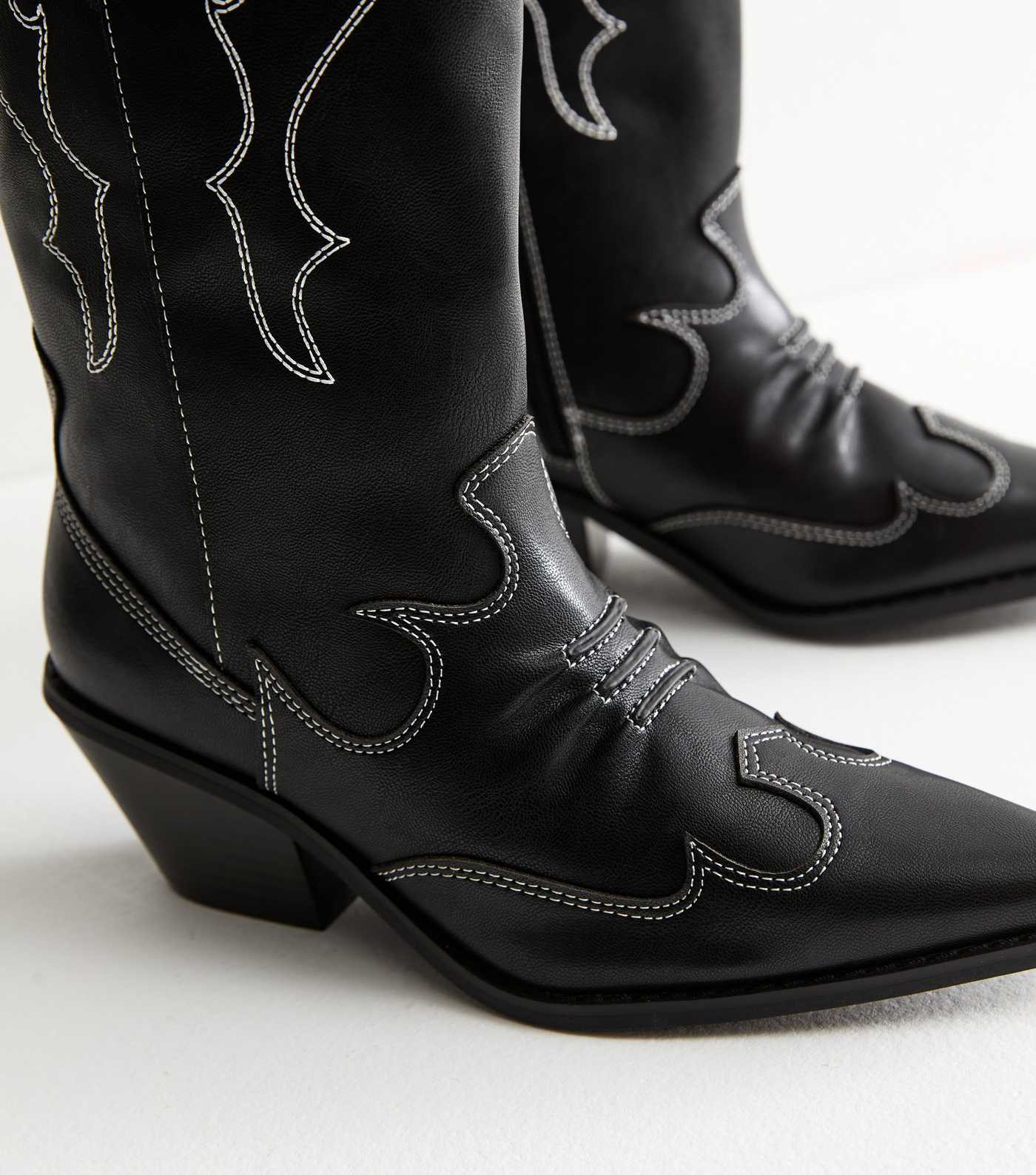Black Faux Leather Stitch Detail Cowboy Boots | New Look | New Look (UK)