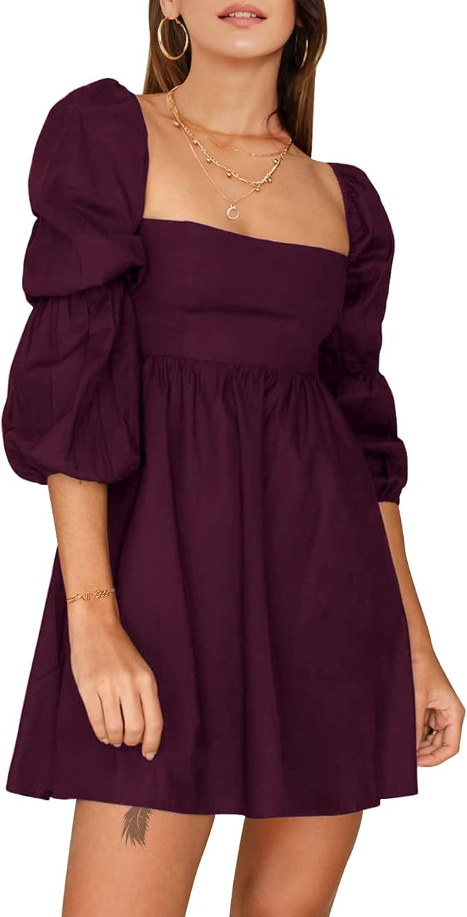 EXLURA Womens Square Neck Dress Long Puff Sleeve A-Line Casual Short Mini Dress | Amazon (US)