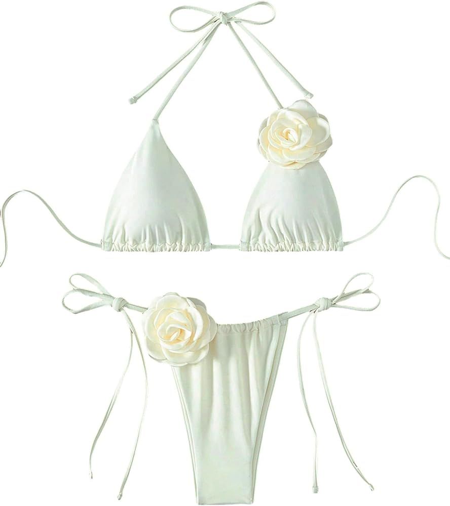 Women's 2 Piece Bathing Suit Floral Appliques Halter Triangle Tie Side Thong Bikini Sets Swimsuit... | Amazon (US)