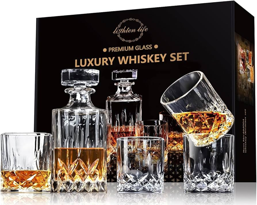 LIGHTEN LIFE Crystal Whiskey Decanter Set for Men - Gift Box With Glasses, Non-Lead Glass for Bou... | Amazon (US)