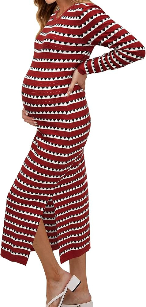 OUGES Women's 2024 Summer Maternity Dress Knit Sleeveless Crewneck Midi Dress Side Slit Striped B... | Amazon (US)