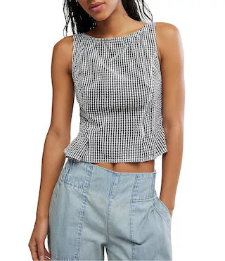 Free People Sunfaded Gingham Printed Boat Neck Sleeveless Peplum Top - M | Dillard's