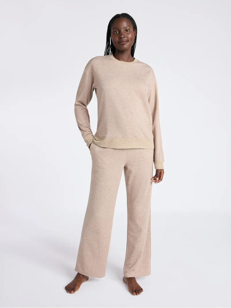 Joyspun Women's Fleece Long Sleeve Top and Straight Leg Pants Lounge Set, 2-Piece, Sizes XS-3X | Walmart (US)