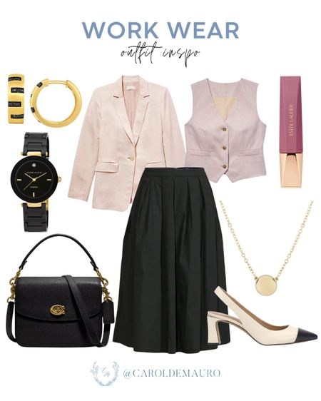 This girly blush blazer paired with a vest top and black midi skirt are great for dressing up a bit for work! Pair it with slingback heels and a cute handbag! 
#businesscasual #workwear #beautyfavorite #springfashion

#LTKSeasonal #LTKitbag #LTKshoecrush