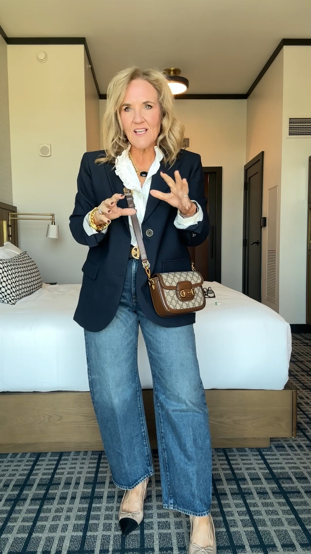 Modern trend but classic outfit that I’m starting LTKcon with. I’m going downstairs to do check-in sealed friends meet new ones
Madewell sale 20% offsite wide with code  LTK20 I believe it runs until 9/9 but shopped today if you see this
Barrel jeans, size 29 petite 
Striped ruffle trimmed blouse. I did size up to a large for a relaxed fit. 
Ann Taylor navy blazer is on sale also size 10 petite. 

#LTKOver40 #LTKCon #LTKSaleAlert