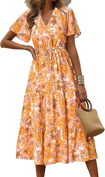 PRETTYGARDEN Floral Dress for Women 2026 Summer Casual Short Sleeve Maxi Dresses V Neck Tiered Fl... | Amazon (US)