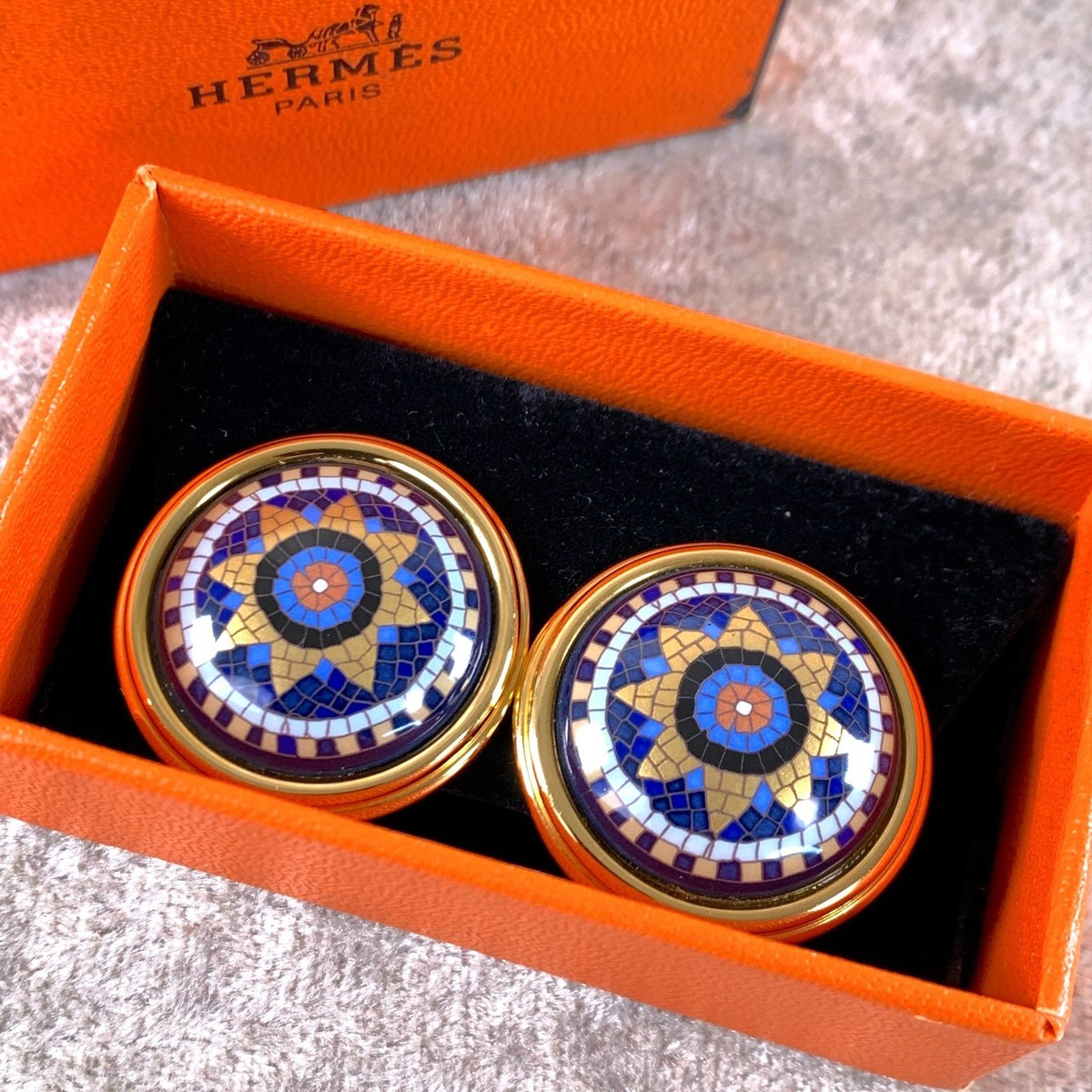 Vintage Hermes Paris Enamel Gold Finished Round Earrings Mosaique with Case | eBay US