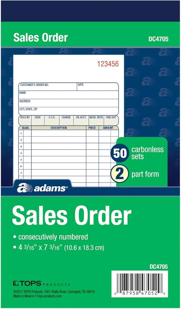 Adams Sales Order Book, 2-Part, Carbonless, White/Canary, 4-3/16 x 7-3/16 Inches, 50 Sets per Boo... | Amazon (US)