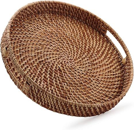 Round Rattan Woven Serving Tray with Handles Ottoman Tray for Breakfast, Drinks, Snack for Coffee... | Amazon (US)