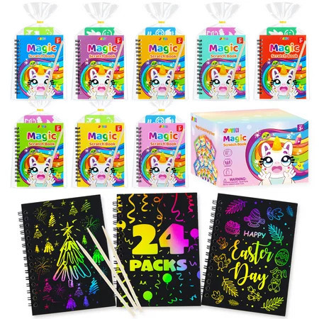 Joyfy 24 Pack Rainbow Scratch Art Notebook Party Favors for Kids, Paper Crafts Kit, Goodie Bags Stuffers, Return Gifts for Birthday, Classroom Prizes, Bulk Gifts for Christmas Valentines Easter | Walmart (US)
