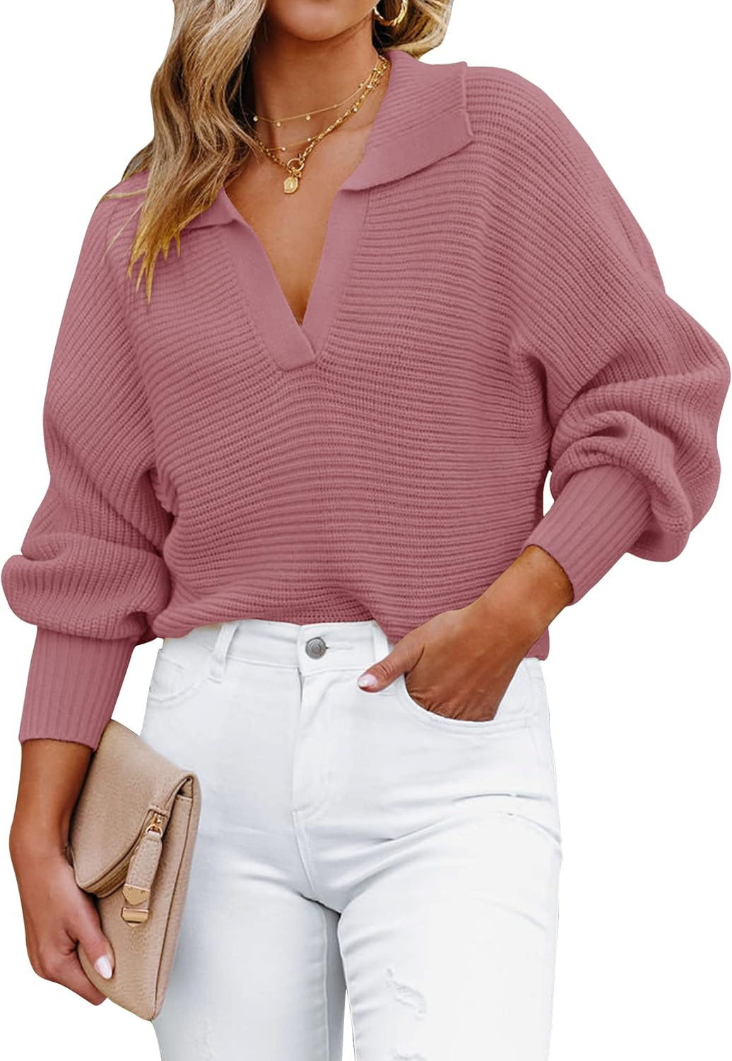 ZESICA Women's Fall Lapel Collar V Neck Long Sleeve Ribbed Knit Comfy Loose Casual Pullover Sweat... | Amazon (US)