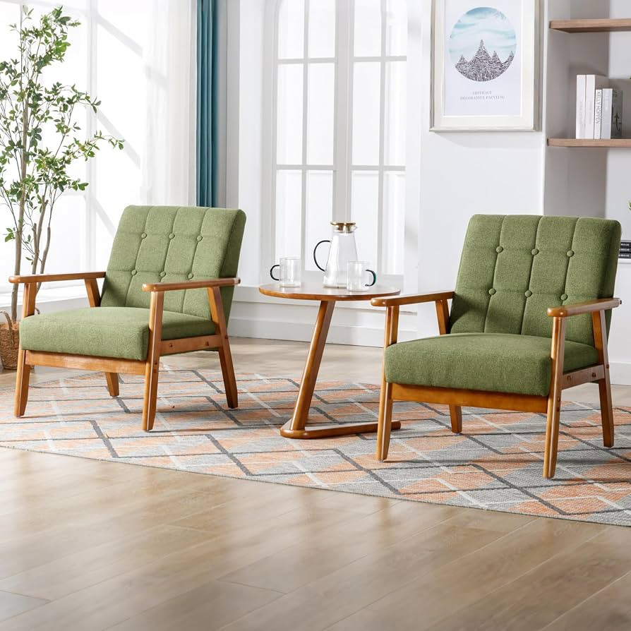Linen Accent Chair Set of 2, Mid-Century Modern Armchair with Solid Wood Armrests, Button-Tufted ... | Amazon (US)