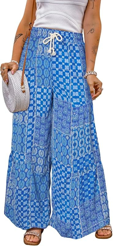 Happy Sailed Womens Boho Print Palazzo Pants Elastic High Waist Drawstring Wide Leg Hippie Flowy ... | Amazon (US)