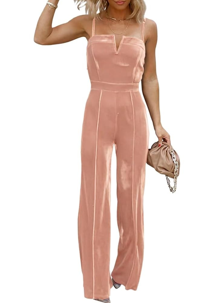 BLENCOT Sleeveless Velvet Jumpsuits For Women V Neck Spaghetti Straps Wide Leg Long Pants Dressy ... | Amazon (US)