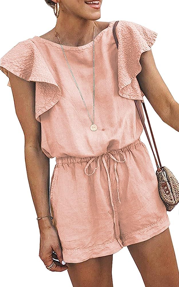 Angashion Women's Loose Casual Ruffle Cap Sleeve Short Jumpsuits Hollow Back Romper with Belt | Amazon (US)