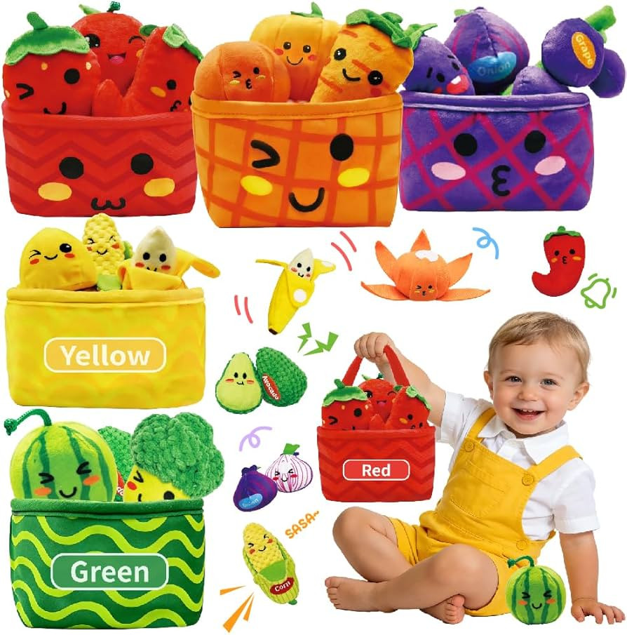 Play Food for Toddlers 1-3, Plush My First Fruit Vegetables Basket Color Sorting Rattle, Squeaker... | Amazon (US)