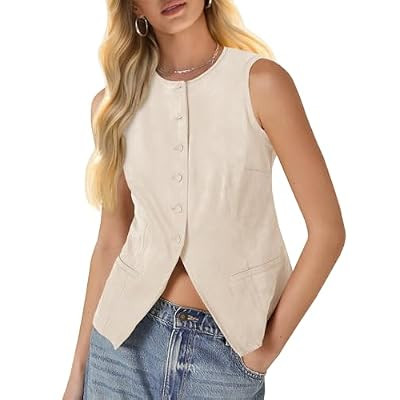 Tankaneo Womens Sleeveless Vest Trendy Suede Button Down Business Casual Suit Vest Tops B… | Amazon (US)