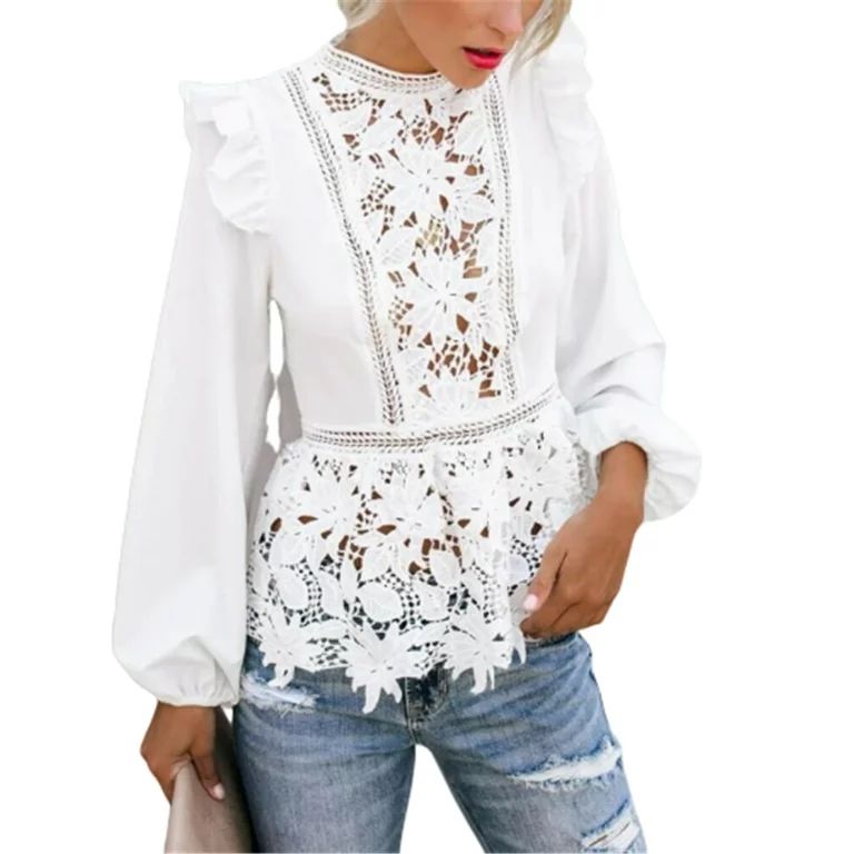 Women Elegant Long Sleeve Lace White Blouses Tops Summer Fall Retro Blouse Shirts - Walmart.com | Walmart (US)