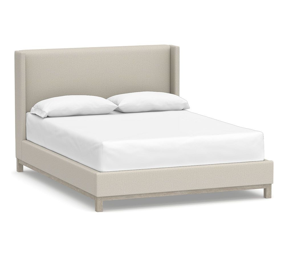 Jake Upholstered Bed, Low Headboard 38""h with Gray Wash Legs, King, Performance Heathered Tweed Pebble | Pottery Barn (US)