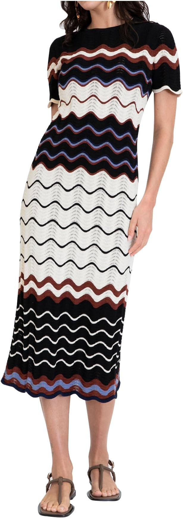 Womens Striped Sweater Dress Short Sleeve Crewneck Knit Midi Dress Bodycon Elegant Party Dress | Amazon (US)