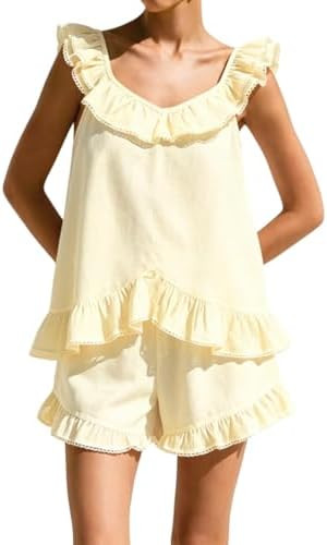 Womens Ruffle Pajamas Sets Fashion Summer Sleeveless Lace Trim Top and Shorts Cotton Short Set | Amazon (US)