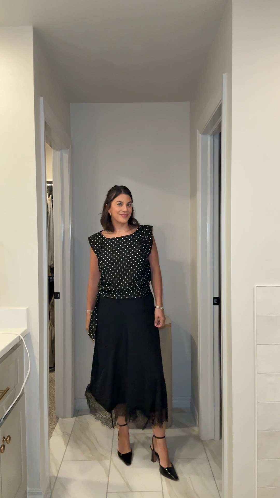 Skirt- sized down to small / Top- Medium. This skirt is so comfortable. Looks like silk but is actually a stretchier jersey knit material. I love it! Polka dot top is so cute with trousers and jeans as well and both are 44% +22% off. Can’t miss it.

#LTKWorkwear #LTKMidsize #LTKSeasonal