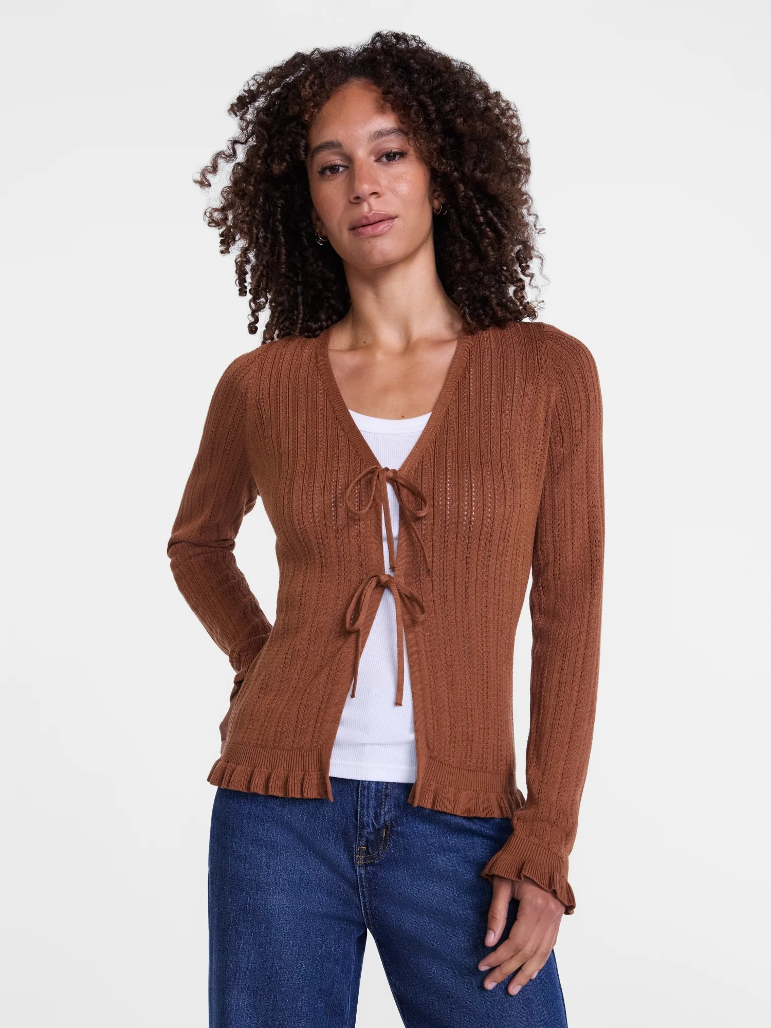 Scenario Women's Eyelet Tie Front Cardigan, Lightweight, Sizes XS-XXXL | Walmart (US)