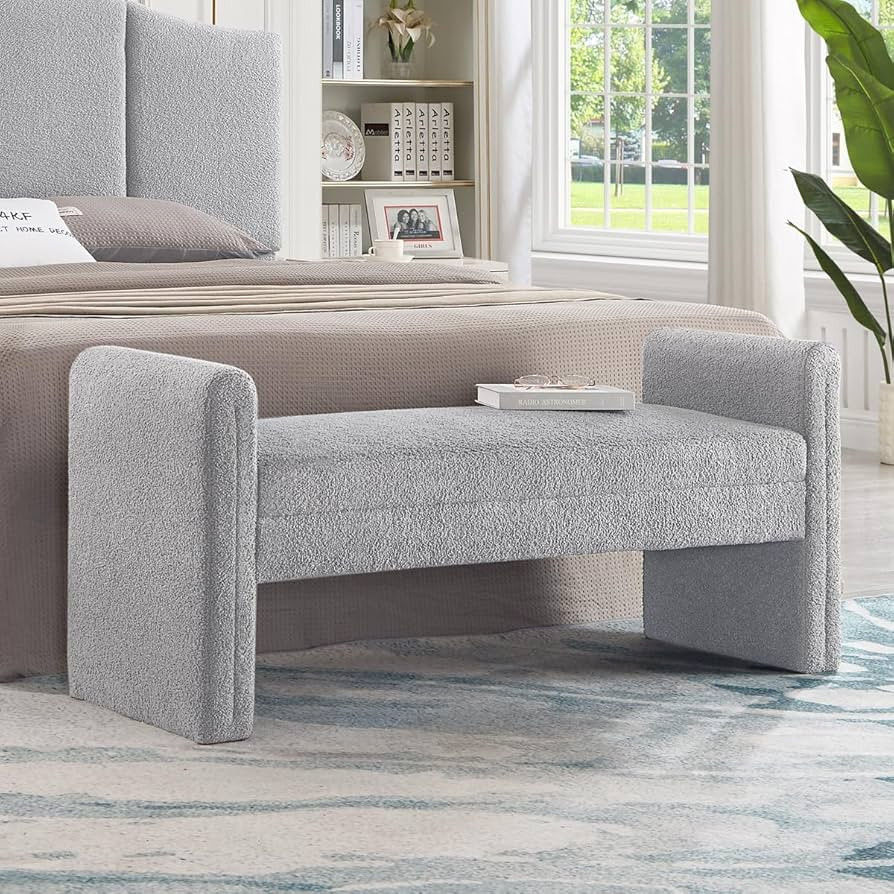 24KF Modern Boucle Teddy Lovely Bench, Upholstered Bed Bench Entryway Bench Ottoman with Armrest ... | Amazon (US)