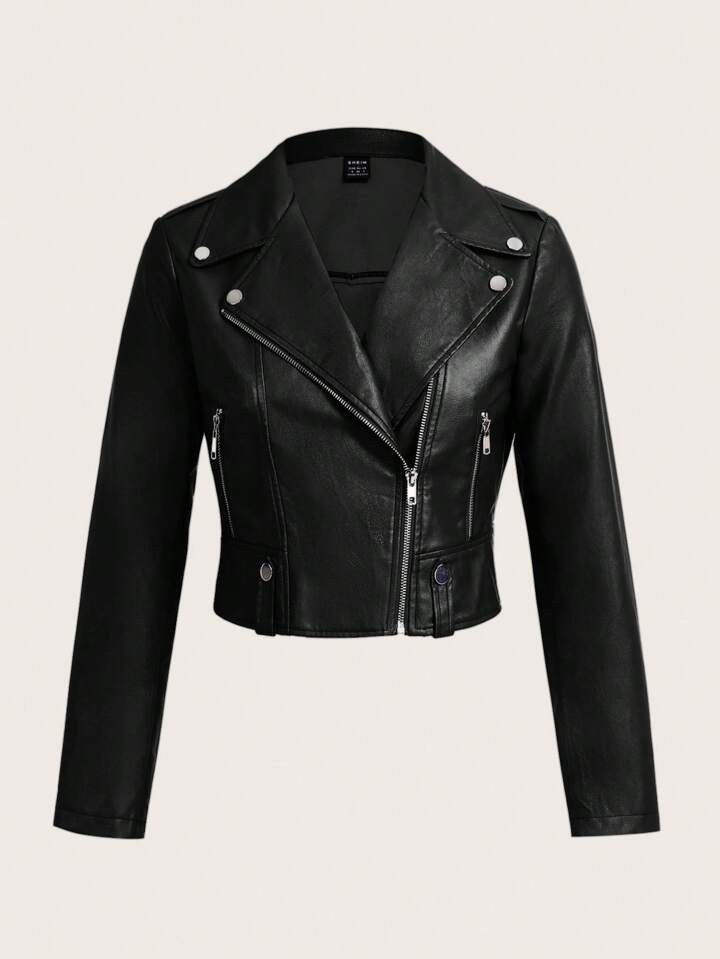 SHEIN Essnce Chaqueta informal de mujer de unicolor, de manga larga, con cremallera y PU. Chaquet... | SHEIN