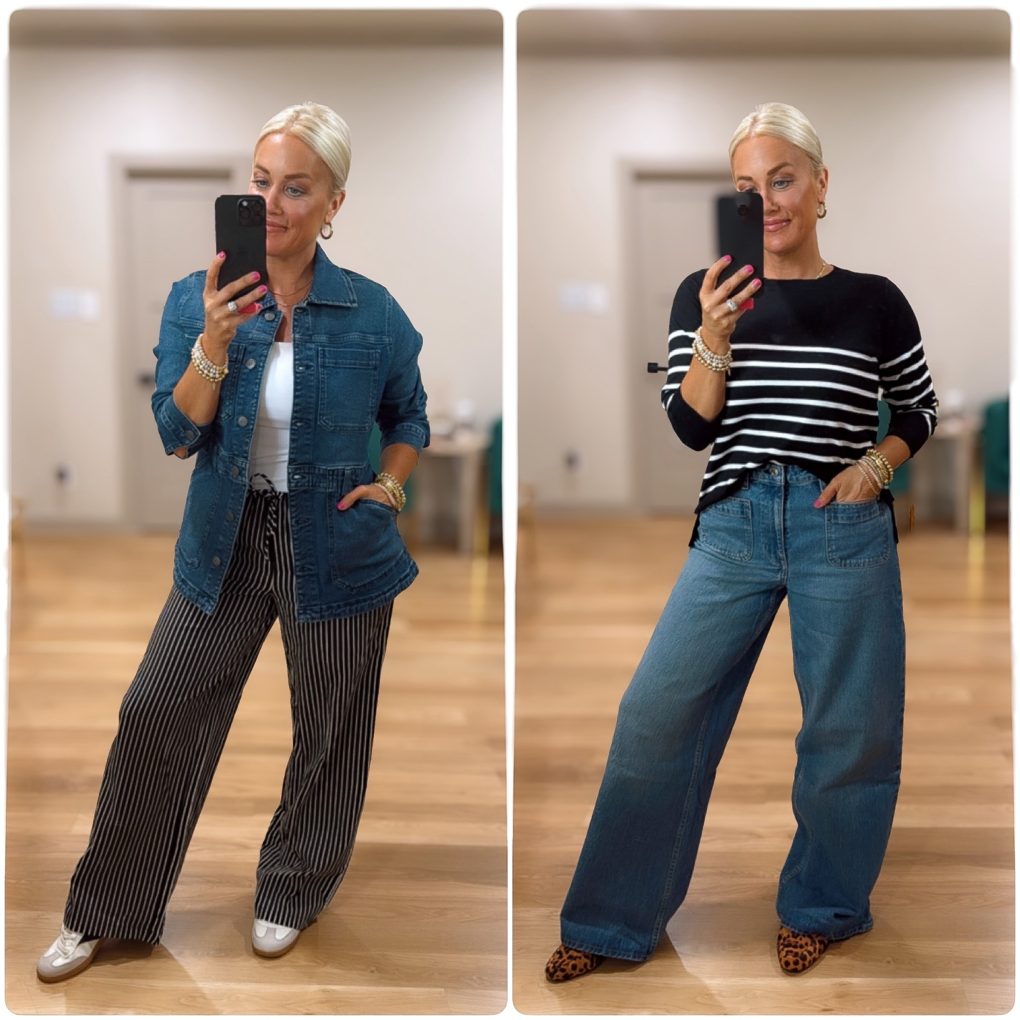 Teacher outfit inspo from Walmart! 
Striped pants - XS
Bodysuit - medium 
Denim jacket - small
Sweater - small
Wide leg jeans - size 8