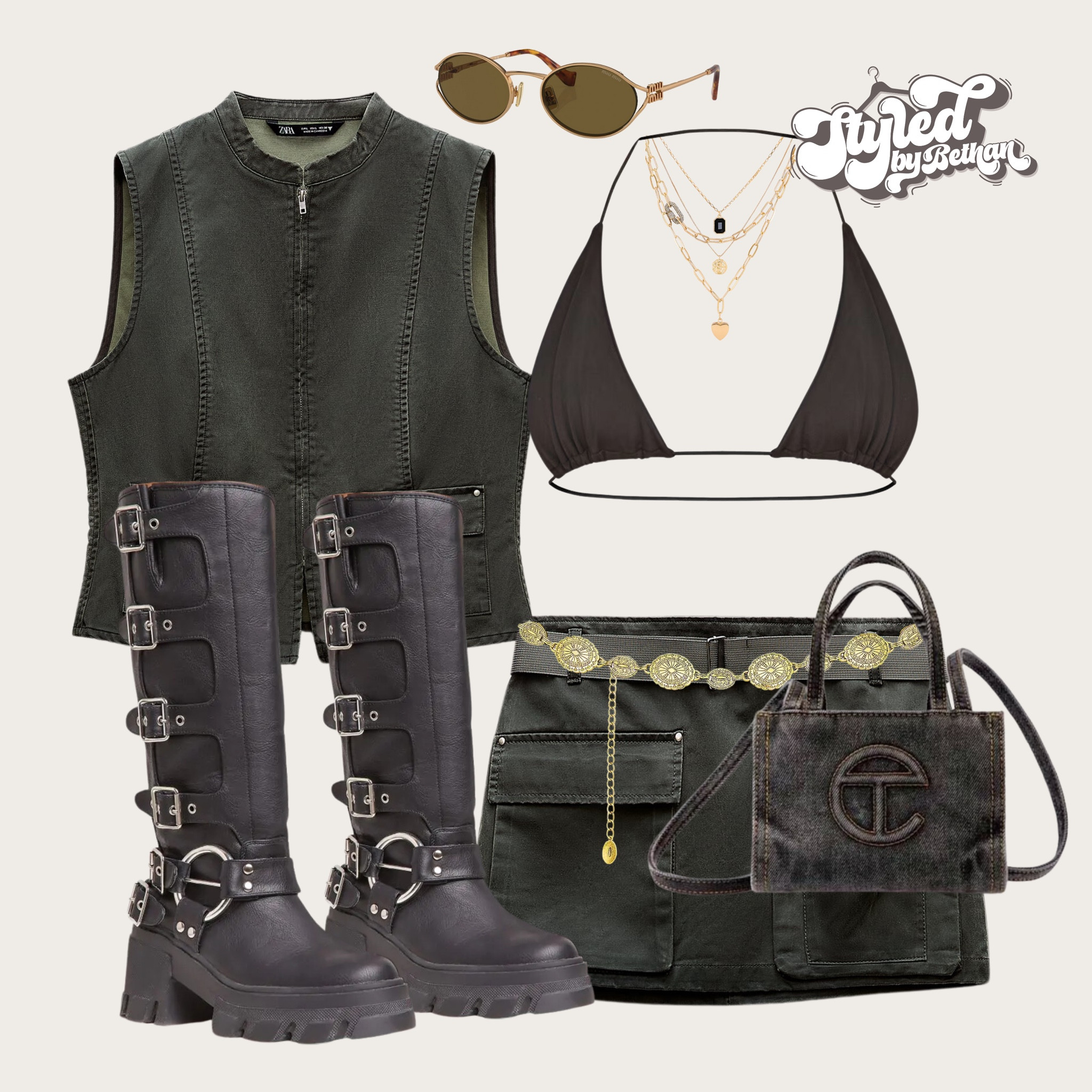 Festi inspo 🕺 tags: pretty little thing black bikini top, Zara waist coat and matching mini skirt, ego chunky black boots, telfar dark wash denim bag, miu miu brown sunglasses, revolve layered necklace. Rave, festival, lost village, houghton, redding and Leeds festival outfit inspiration inspo. 

#LTKshoes #LTKstyletip #LTKuk