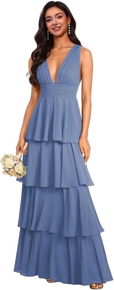 Tiered Ruffles Bridesmaid Dresses 2025 Long for Women Chiffon Formal Evening Dresses with Ruffles... | Amazon (US)